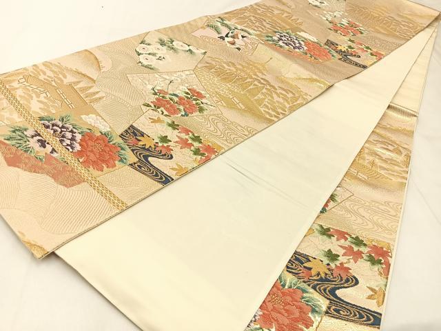 平和屋着物◎六通柄袋帯 唐織 色紙重ね風景花文 金糸 正絹 逸品 BAAX6108hj