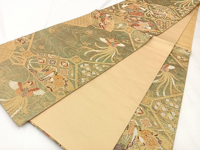 平和屋着物◎六通柄袋帯 唐織 鳳凰楽器花文 金糸 引箔 正絹 逸品 未使用 BAAX6114hj