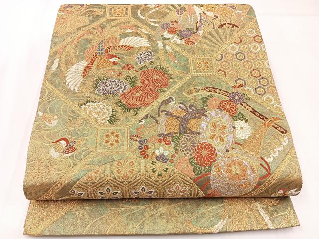 平和屋着物◎六通柄袋帯 唐織 鳳凰楽器花文 金糸 引箔 正絹 逸品 未使用 BAAX6114hj