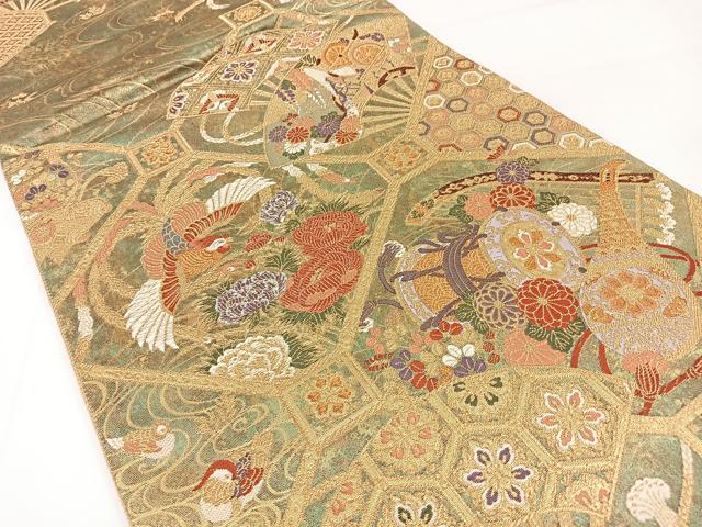 平和屋着物◎六通柄袋帯 唐織 鳳凰楽器花文 金糸 引箔 正絹 逸品 未使用 BAAX6114hj