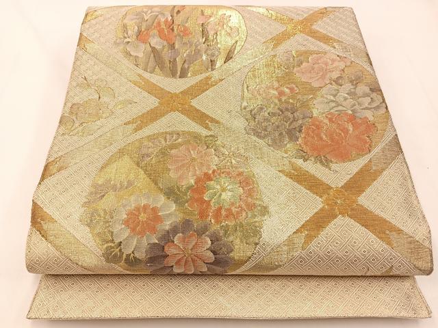 平和屋着物◎佐賀錦 太鼓柄袋帯 菱天井花丸文 金糸 正絹 逸品 BAAX6133hj