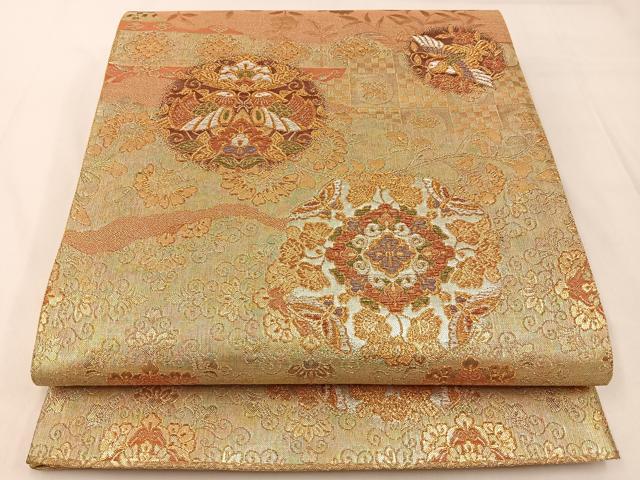 平和屋着物◎六通柄袋帯 幻甦織 向かい鳥花蝶文 金銀糸 正絹 逸品 BAAX6136hj