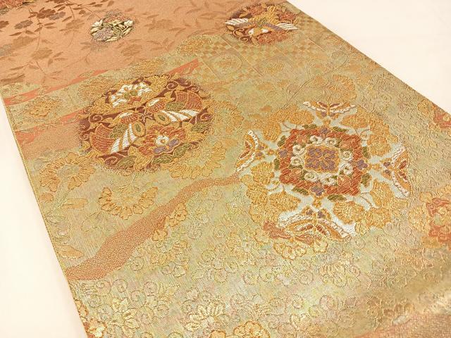 平和屋着物◎六通柄袋帯 幻甦織 向かい鳥花蝶文 金銀糸 正絹 逸品 BAAX6136hj