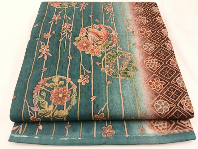 平和屋着物◎全通柄袋帯 創作帯 結幡 花蝶文 金彩 正絹 逸品 BAAX6143hj