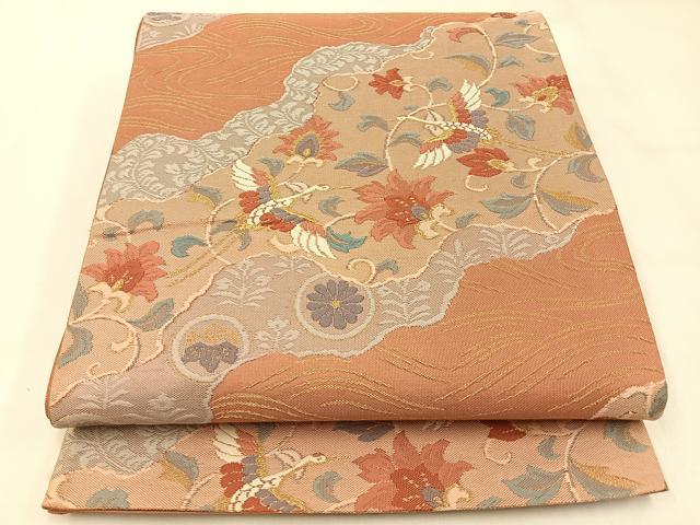 平和屋着物◎六通柄袋帯 飛鶴更紗花文 金糸 正絹 逸品 BAAX6144hj