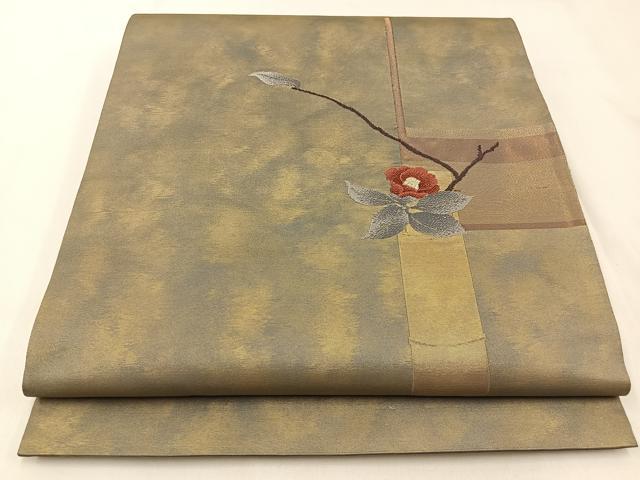 平和屋着物◎太鼓柄袋帯 椿 金糸 引箔 正絹 逸品 BAAX6146hj