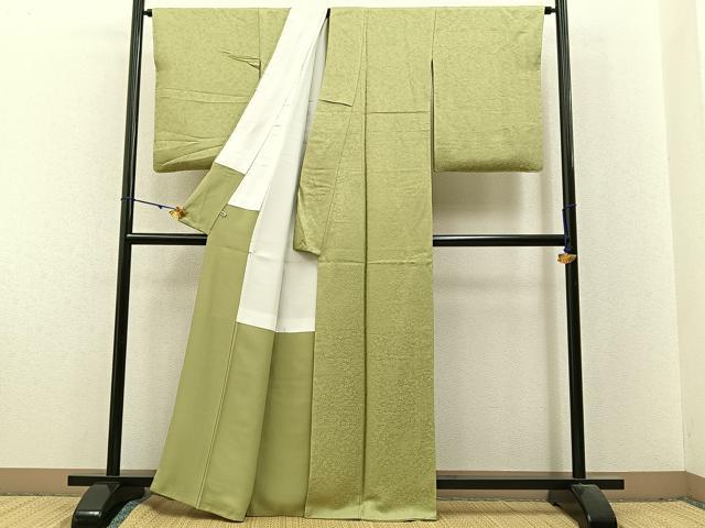 平和屋着物●上質な色無地 籬草花地紋 抹茶色 さが美扱い 正絹 逸品 BAAX6177hj