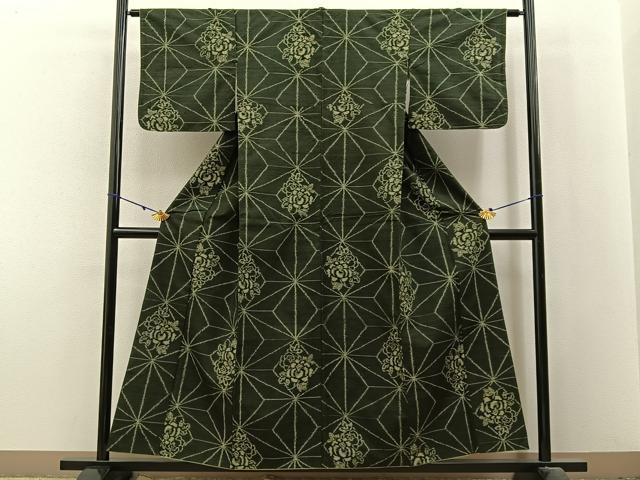 平和屋着物■上質な紬 麻の葉花文 正絹 逸品 BAAX6198hj