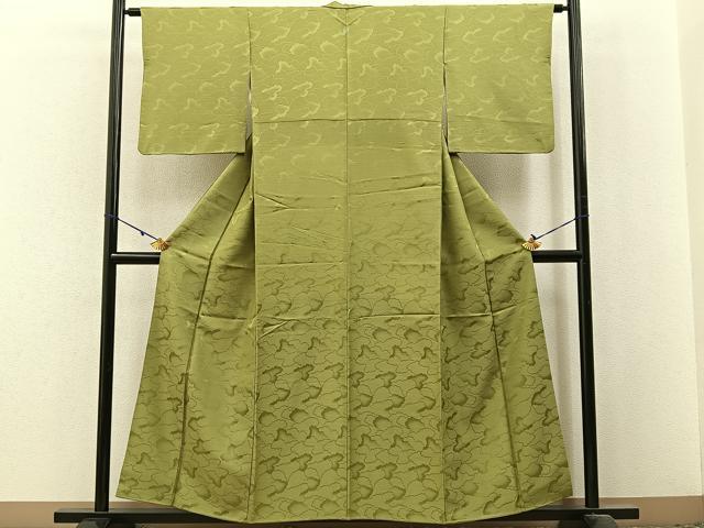 平和屋着物■上質な色無地 雲重ね地紋 青朽葉色 正絹 逸品 BAAX6256hj