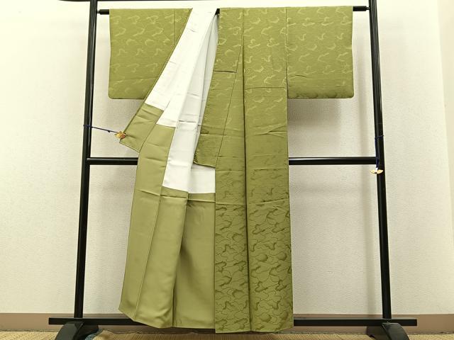 平和屋着物■上質な色無地 雲重ね地紋 青朽葉色 正絹 逸品 BAAX6256hj