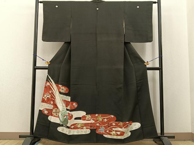 平和屋着物■豪華黒留袖 刺繍 尾長鶏花文 金銀彩 正絹 逸品 BAAX6280hj