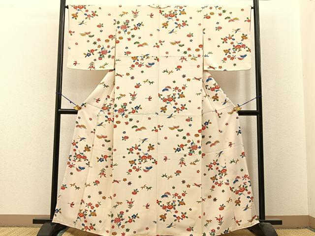 平和屋着物■上質な小紋 型染め 松竹梅 花鳥文 正絹 逸品 BAAX6285hj
