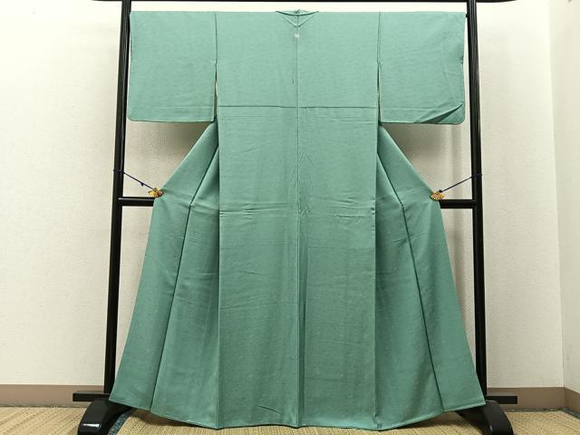 平和屋着物●上質な色無地 寿光織 草花地紋 山葵色 反端付き 正絹 逸品 BAAX6391hj