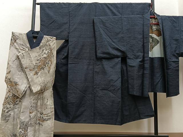 平和屋着物■男性 紬 アンサンブル 長襦袢(無双仕立て)セット 80亀甲 総詰め 正絹 逸品 BAAX6411hj