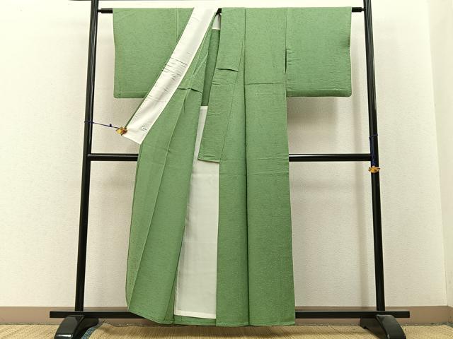 平和屋着物▽上質な色無地 単衣 松竹梅宝尽くし地紋 苗色 正絹 逸品 BAAX6429hj