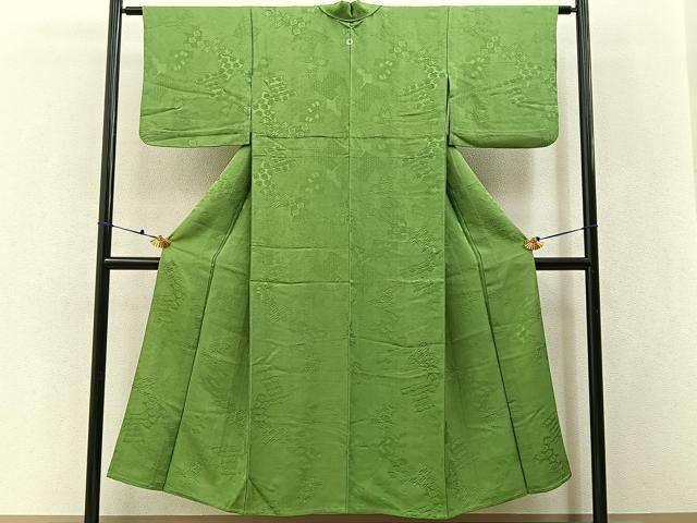 平和屋着物▽上質な色無地 単衣 誰が袖地紋 鶸萌黄色 正絹 逸品 BAAX6449hj