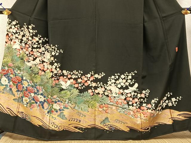 平和屋着物■豪華黒留袖 作家物 刺繍 飛鶴流水花文 金彩 正絹 逸品 BAAX6479hj