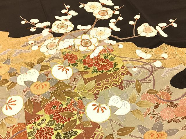 平和屋着物■豪華黒留袖 駒刺繍 貝桶枝花文 金彩 正絹 逸品 BAAX6505hj
