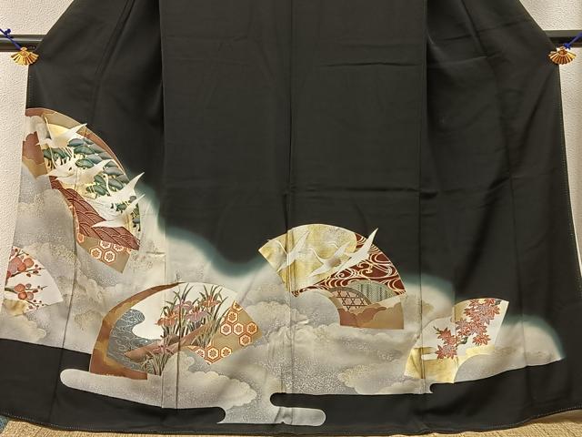 平和屋着物■豪華黒留袖 地紙飛鶴花文 暈し染め 金銀彩 正絹 逸品 BAAX6513hj