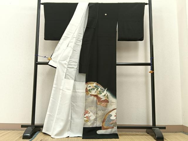 平和屋着物■豪華黒留袖 地紙飛鶴花文 暈し染め 金銀彩 正絹 逸品 BAAX6513hj