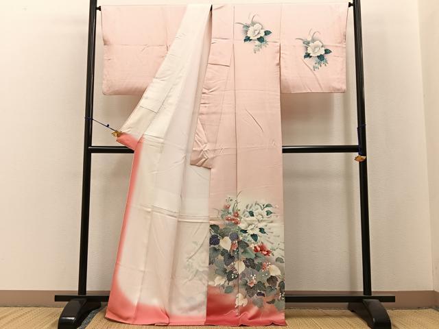 平和屋着物■訪問着 孔雀花文 暈し染め 金銀彩 ロング丈 正絹 逸品 BAAX6517hj