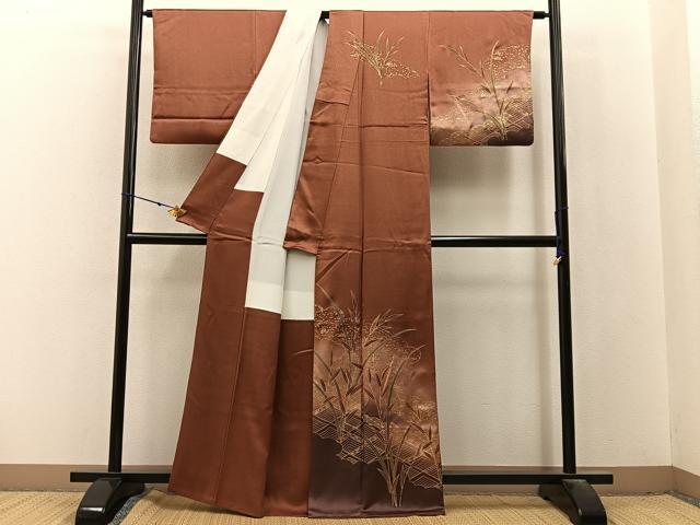 平和屋着物■訪問着 駒刺繍 雲重ね草葉文 暈し染め 金彩 正絹 逸品 BAAX6567hj
