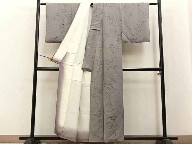 平和屋着物■上質な小紋 手描き 蔦の葉文 鬼しぼ縮緬 正絹 逸品 BAAX6581hj