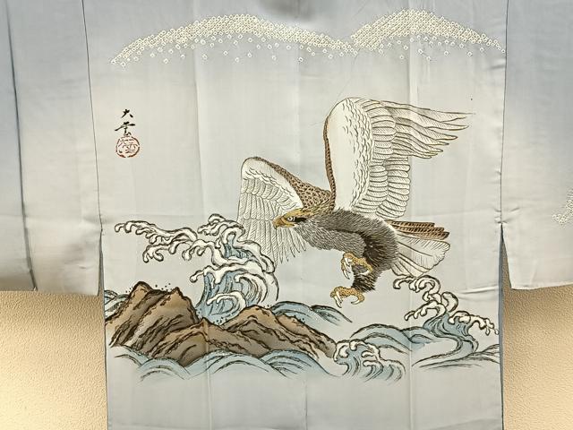 平和屋着物■男性 長襦袢 袷 手描き 絞り 鷹 暈し染め 正絹 逸品 BAAX6649hj