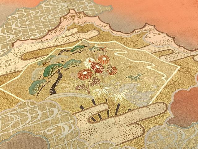 平和屋着物■訪問着 松竹梅 扇面草花文 暈し染め 金彩 正絹 逸品 BAAX6654hj