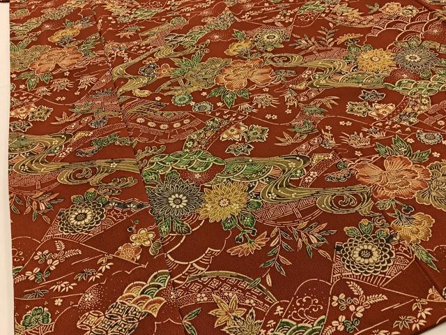 平和屋着物■上質な小紋 型染め 流水花文 鬼しぼ縮緬 正絹 逸品 BAAX6727hj