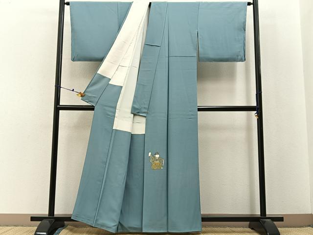 平和屋着物■上質な色無地 ワンポイント 童子 青磁鼠色 正絹 逸品 BAAX6753hj