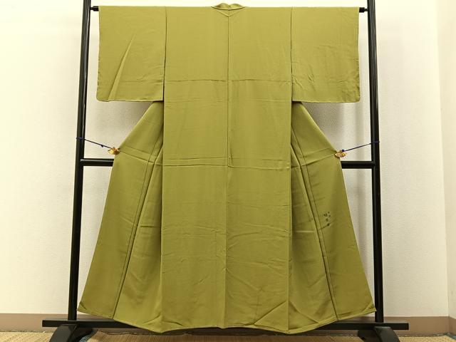 平和屋着物■上質な色無地 作家物 京都宇治緑茶染 芥子色 反端付き 正絹 逸品 未使用 BAAX6777hj