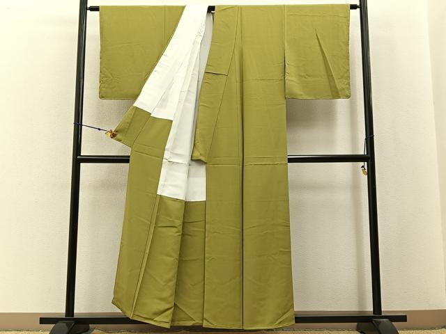 平和屋着物■上質な色無地 作家物 京都宇治緑茶染 芥子色 反端付き 正絹 逸品 未使用 BAAX6777hj