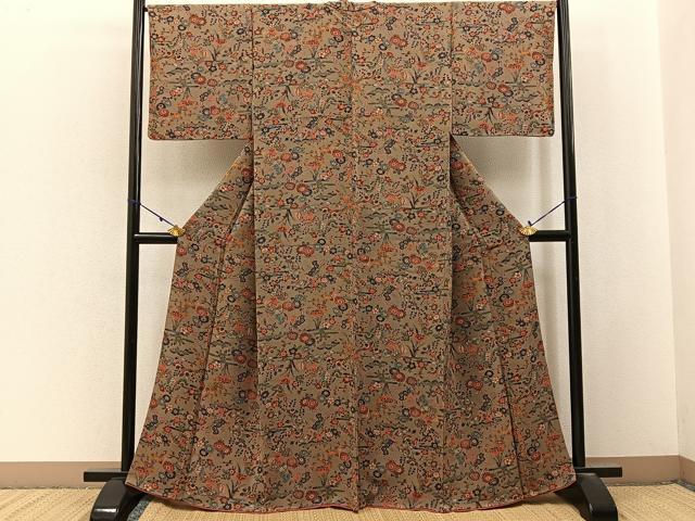 平和屋着物■上質な小紋 型染め 花鳥文 鬼しぼ縮緬 正絹 逸品 BAAX6808hj