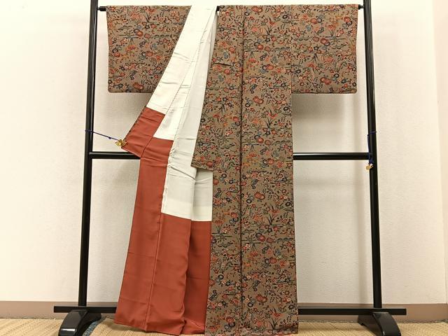 平和屋着物■上質な小紋 型染め 花鳥文 鬼しぼ縮緬 正絹 逸品 BAAX6808hj