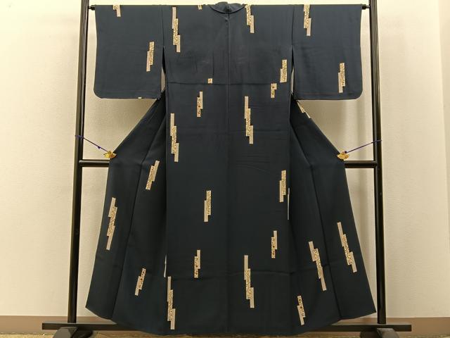 平和屋着物▽上質な小紋 単衣 短冊鹿の子秋草文 濃紺地 金彩 正絹 逸品 BAAX6811hj