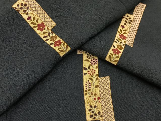 平和屋着物▽上質な小紋 単衣 短冊鹿の子秋草文 濃紺地 金彩 正絹 逸品 BAAX6811hj