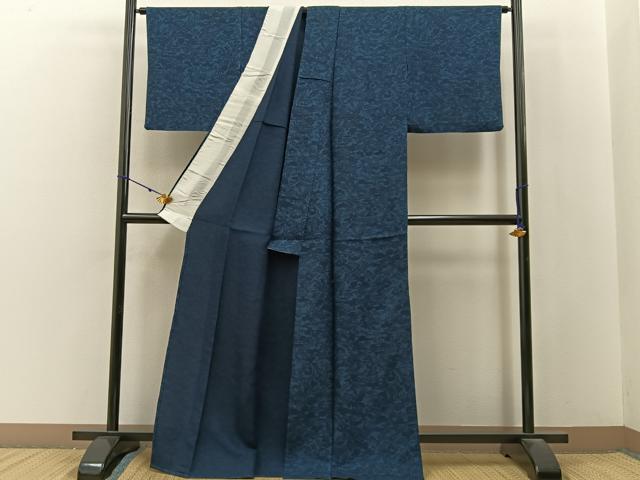 平和屋着物▽上質な小紋 単衣 藍 型染め 風景花文 正絹 逸品 BAAX6818hj