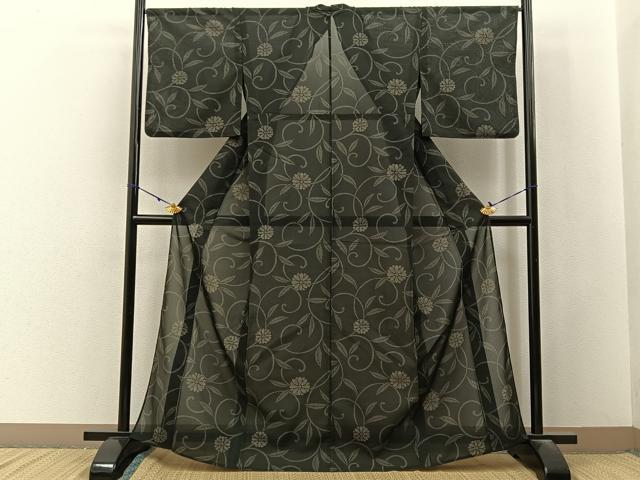 平和屋着物*夏物 小紋 紗 菊唐草文 黒地 洗える着物 BAAX6820hj