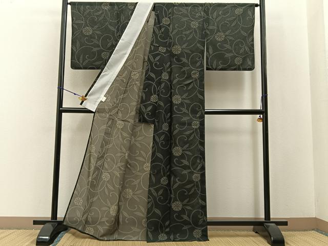 平和屋着物*夏物 小紋 紗 菊唐草文 黒地 洗える着物 BAAX6820hj