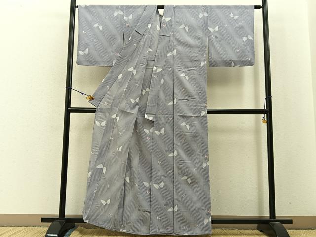 平和屋着物*夏物 小紋 紗 舞蝶文 洗える着物 BAAX6828hj