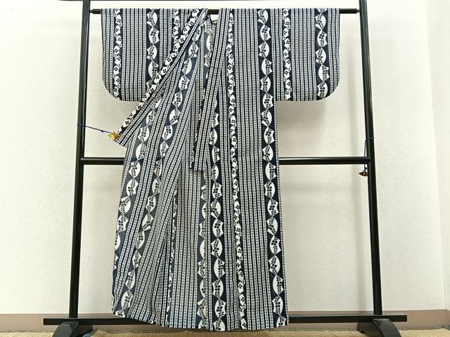 平和屋着物*夏物 小紋・浴衣兼用 紗 地紙花菱文 洗える着物 BAAX6846hj