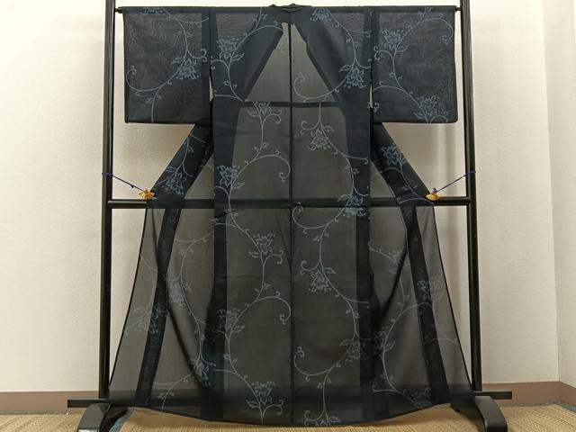 平和屋着物*夏物 小紋 紗 花唐草文 黒地 洗える着物 BAAX6849hj