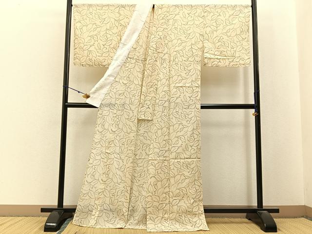 平和屋着物*夏物 小紋 紗 草葉文 洗える着物 未使用 BAAX6851hj