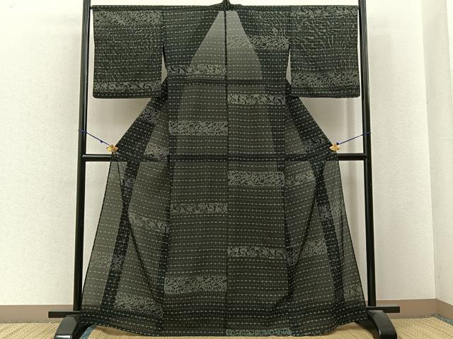 平和屋着物*夏物 小紋 絽 横段吉祥文 黒地 洗える着物 BAAX6857hj