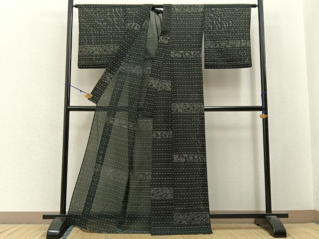 平和屋着物*夏物 小紋 絽 横段吉祥文 黒地 洗える着物 BAAX6857hj
