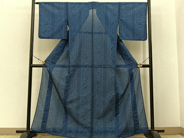 平和屋着物*夏物 小紋 絽 藍 型染め 更紗花鳥文 洗える着物 未使用 BAAX6861hj