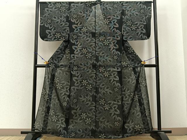 平和屋着物*夏物 小紋 紗 草花尽くし 黒地 洗える着物 BAAX6868hj