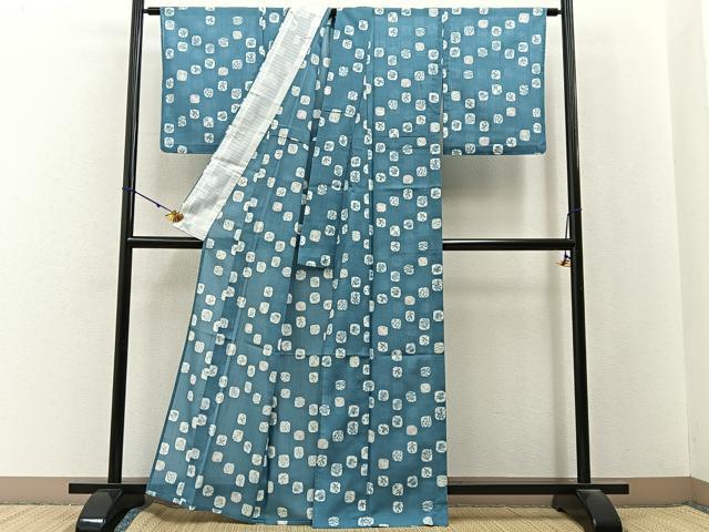 平和屋着物*夏物 小紋 紗 型染め 草花文 洗える着物 BAAX6870hj