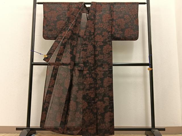 平和屋着物*夏物 小紋 紗 更紗花唐草文 黒地 洗える着物 BAAX6892hj